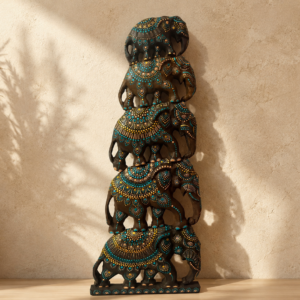 Hand-Carved Five Elephant Tower Art, Hand-Painted Sri Lankan Wood Décor