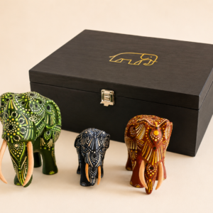 Hand-Carved Wooden Elephant Family Set, Decorative Ornament (Gift Box)