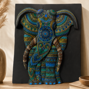 Hand-Painted 3D Elephant Wall Art, Sri Lankan Wooden Decor, Blue Design